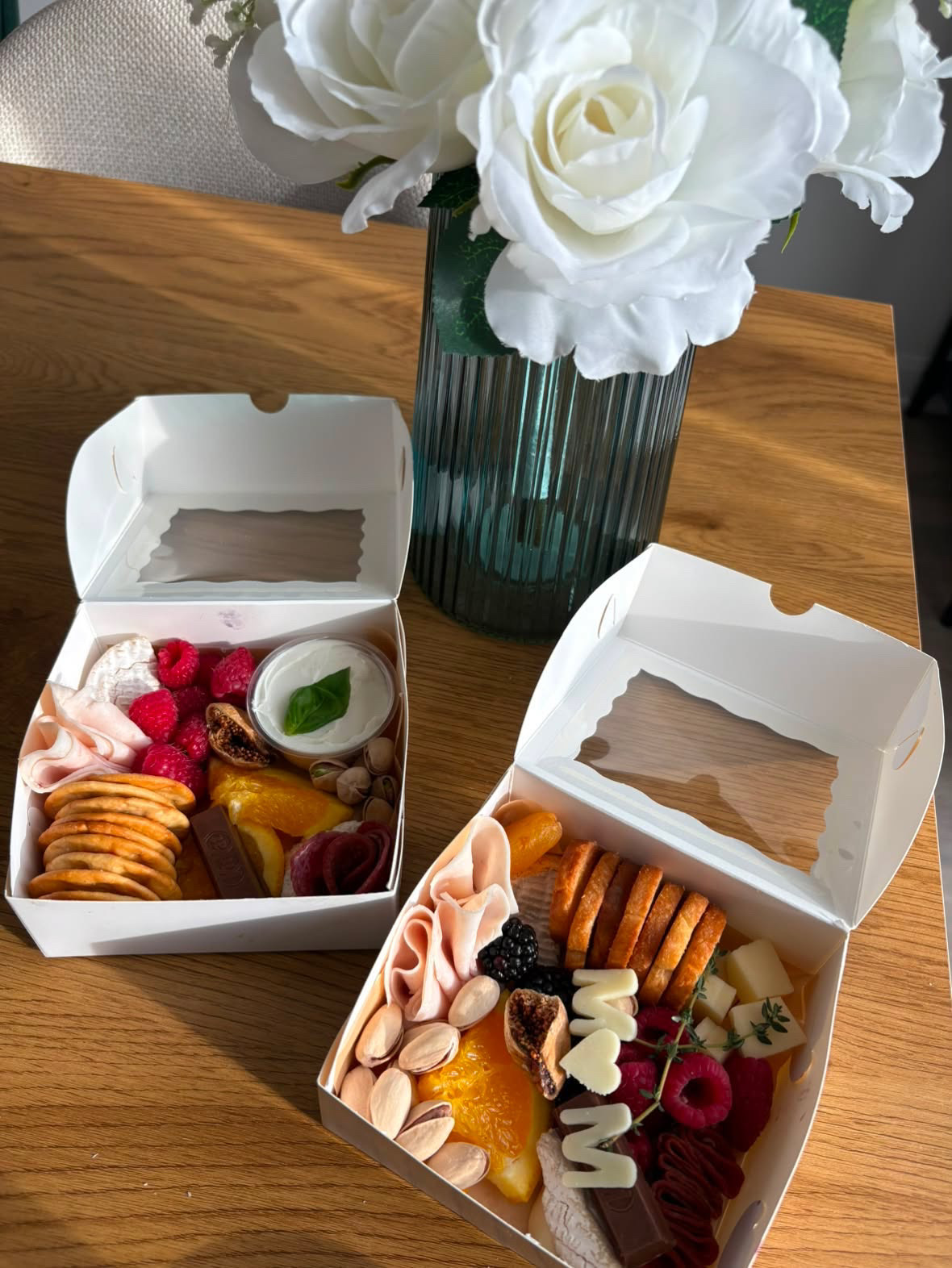 Mini grazing boxes styled with white roses — gourmet gift box Ottawa-Gatineau